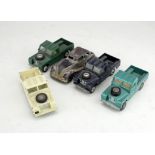 Four Corgi Landrovers, various colours & an early Crescent saloon car