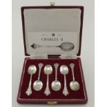 Boxed set of six 'Charles II Trifid' style silver spoons by Francis Howard Ltd, Sheffield 1972