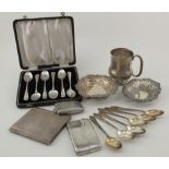 Silver. A collection of silver items, including cased set of six teaspoons, curved card case, two