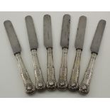 Six King's pattern silver handled dessert knives. The handles are all hallmarked GH, Sheffield,