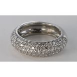 Platinum diamond set pave five row domed band ring, approx. 0.65ct, size L, weight 7.8g