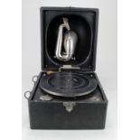 Decca Crescendo Junior portable cased gramophone, height 19.5cm, width 24cm, depth 27.5cm approx.