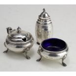 Silver three piece cruet set (non matching), two with blue glass liners, silver weight 4.8 oz.