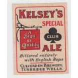 Beer label, Culverden Brewery, Tunbridge Wells, Kelsey's Special Club Ale, vertical rectangular,