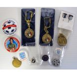 Football badges etc, selection, various ages inc. Anglo Italian Cup keyring 1992/93 (x2), replica FA