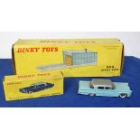 French Dinky Toys, 532 Lincoln Premiere, light blue body, silver roof, concave hubs, 502 Garage,