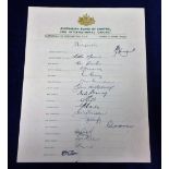 Cricket autographs, Australian Board of Control official autograph sheet for the 1953 Australian