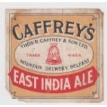 Beer label, Thos R Caffrey & Son Ltd, Belfast, East India Ale, square, (tatty, stains, fair) (1)