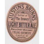 Beer label, Justin Brinn's, Truro Brewery, Reading, Light Bitter Ale, v.o (gd) (1)
