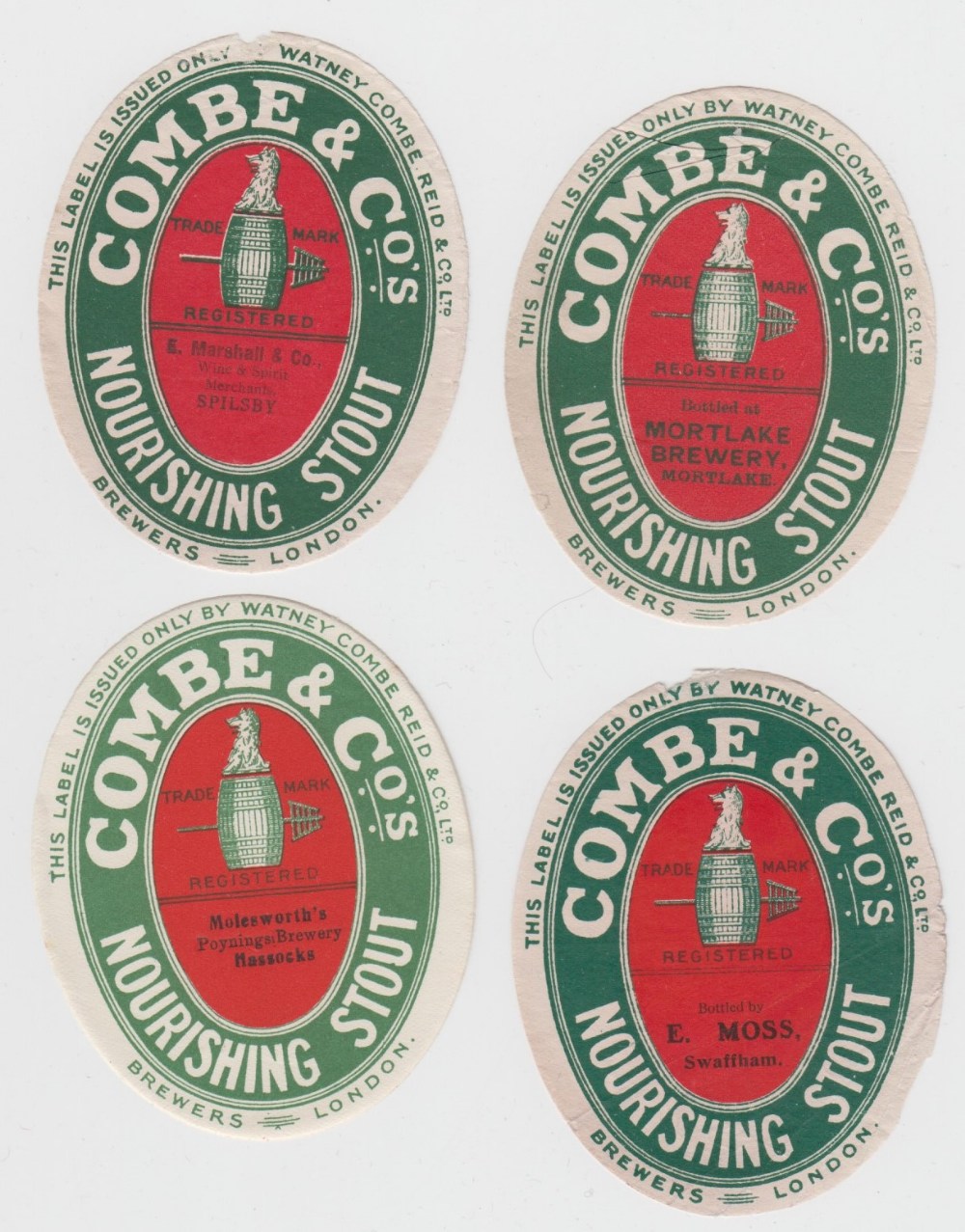 Beer labels, Watney Combe Reid & Co Ltd, Nourishing Stout, 4 different v.o's, Mortlake Brewery,