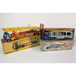 Dinky Toy Car Transporters, 974 AEC Hoynor Car Transporter, dark metallic blue cab, orange/dark