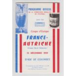 Football programme, France v Austria, 13 December, 1959, Henri Delaunay Cup quarter final (vg) (1)