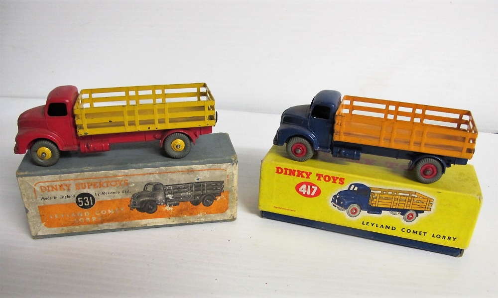 Dinky Toys 417 Leyland Comet Lorry, dark blue cab and chassis, dark yellow back, red hubs, 531