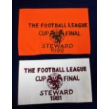 Football memorabilia, Football League Cup Final Stewards armbands from Wembley, 1980, Nottingham