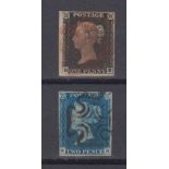 Stamps, GB, 1840 Penny Black with 4 margins 'E.E.' & 1840 2d blue with 3 margins 'N.B.' (2)