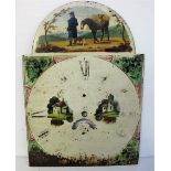 Clock-faces, four vintage Grandfather metal hand painted illustrated clock dials, all with Roman