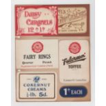 Trade advertising, Barratt's, selection of early label samples, mounted on card inc. Daisy Caramels,