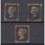 Stamps, GB, three 1840 Penny Black's with 2 or 3 close margins, two with red cancels one with