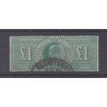 Stamp, GB, George V, £1 green bar 1911-1913 SG320, fine used with part registered oval cancel