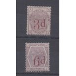 Stamps, GB, Queen Victoria, 3d on 3d lilac, plate 21 & 6d on 6d lilac plate 18, 1880-83, SG159 &