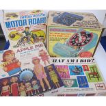 Tri-ang Toys, 3 boxes of mixed toys and games including Motor Roar, Clock-A-Word, Apple Pie Knitter,