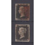 Stamps, GB, two 1840 Penny Black's each with 4 margins and red cancels (2)