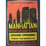 Entertainment, original poster for the 'Grand Opening' of The Manhattan Night Club, Brighton, Friday