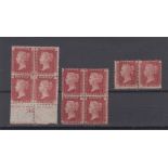 Stamps, GB, 1858-1879, 1d reds in blocks of 4, Plate 134 with printer's margin, & plate 156 plus a