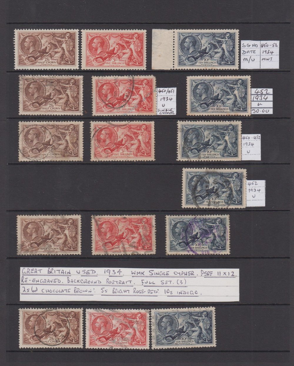 Stamps, GB, King George 5th Seahorses, 37 stamps in total, two shillings & sixpence, five