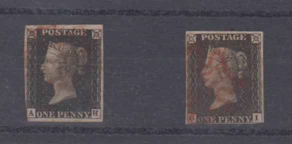 Stamps, GB, Victoria, two, 1840, 1d Blacks with red Maltese Crosses, both with three margins, one