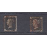 Stamps, GB, Victoria, two, 1840, 1d Blacks with red Maltese Crosses, both with three margins, one