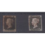 Stamps, GB, Victoria, two, 1840, 1d Blacks, one with four margins, the other three, both with red