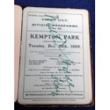Horseracing, a bound volume of Kempton Park Racecards from 1905, covering Flat and National Hunt