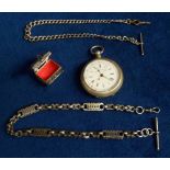 Watch etc, a silver plated men's chromograph pocket watch (a/f), sold with two silver fob chains (
