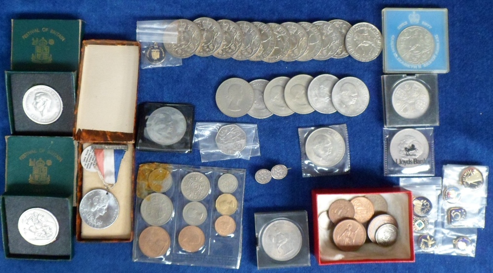 Coins, mostly GB selection, incl. 2 x 1951 Festival of Britain boxed crowns, a set of 9 x 1953 UK