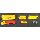 Dublo Dinky Toys, 072 Bedford Articulated Flat Truck, 062 Singer Roadster, 069 Massey-Harris