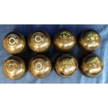 Sport, lawn bowls, two second-hand sets, 4 'Drakes Pride Professional' v9 3860 size 5H bowls, plus 4