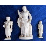 Collectables, 3 vintage carved ivory figures. Approx. size in cms - 6, 8 and 12. (fair to good).
