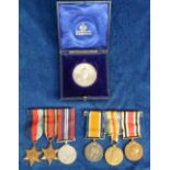 Military Medals, 2 groups of medals on bars, one WWI group with British War medal and Victory medal,