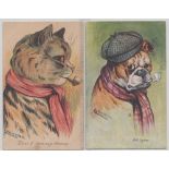Postcards, Louis Wain, 2 cards, one showing cat smoking pipe 'Don't tax my baccy' (p.u. 1906) the