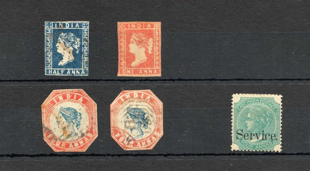 Stamps, India, 1854 four annas (x2), half anna imperf and 1 anna imperf, catalogue value £1200. (4)