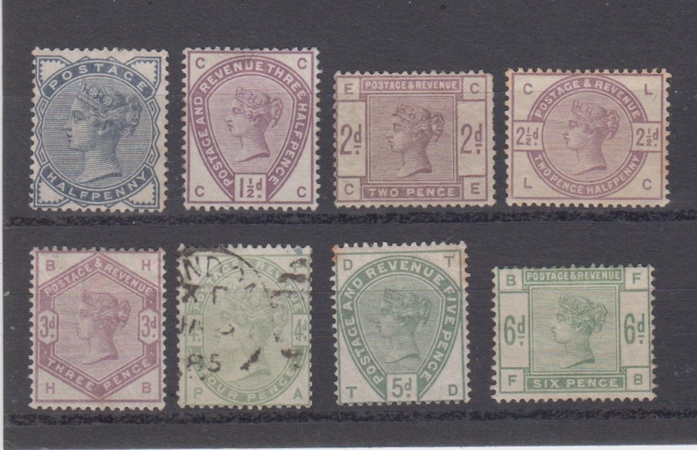 Stamps, GB, halfpenny to 6d stamps, 1883, SG 187-194, mint except for used 4d, slight foxing on