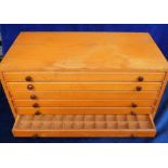 Collectables, wooden chest of 6 drawers, each drawer divided into 72 cells. Approx. size in cms 50.5