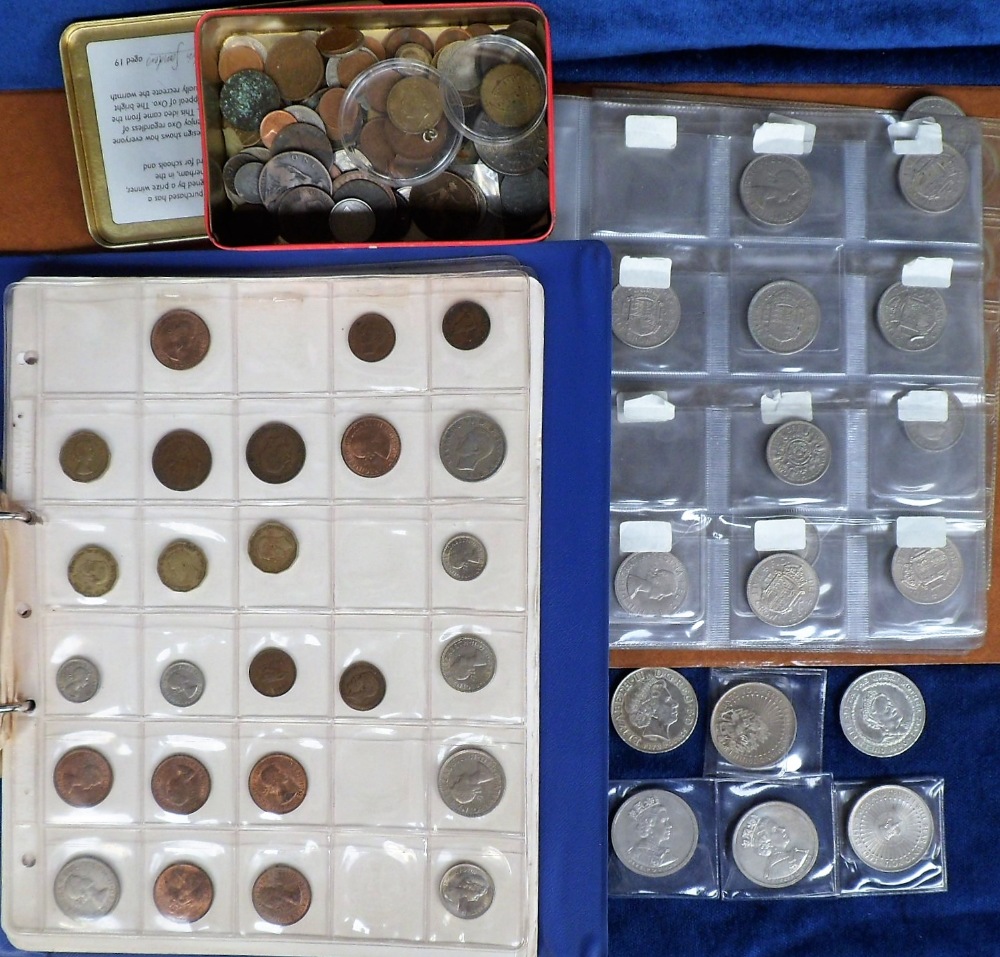Coins, GB, six £5 commemorative coins, sold with 2 albums of QE2 decimal coinage and a small tin
