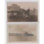 Postcards, Piers, Devon, 2 RPs showing pier disasters, Teignmouth bus demolition of pier entrance,