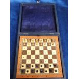 Collectables, vintage wooden travelling pegged chess set by Jacques of London in fitted blue case (
