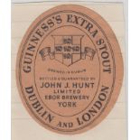 Beer label, Guinness Extra Stout, bottled by John J Hunt Ltd, Ebor Brewery, York, v.o (top edge