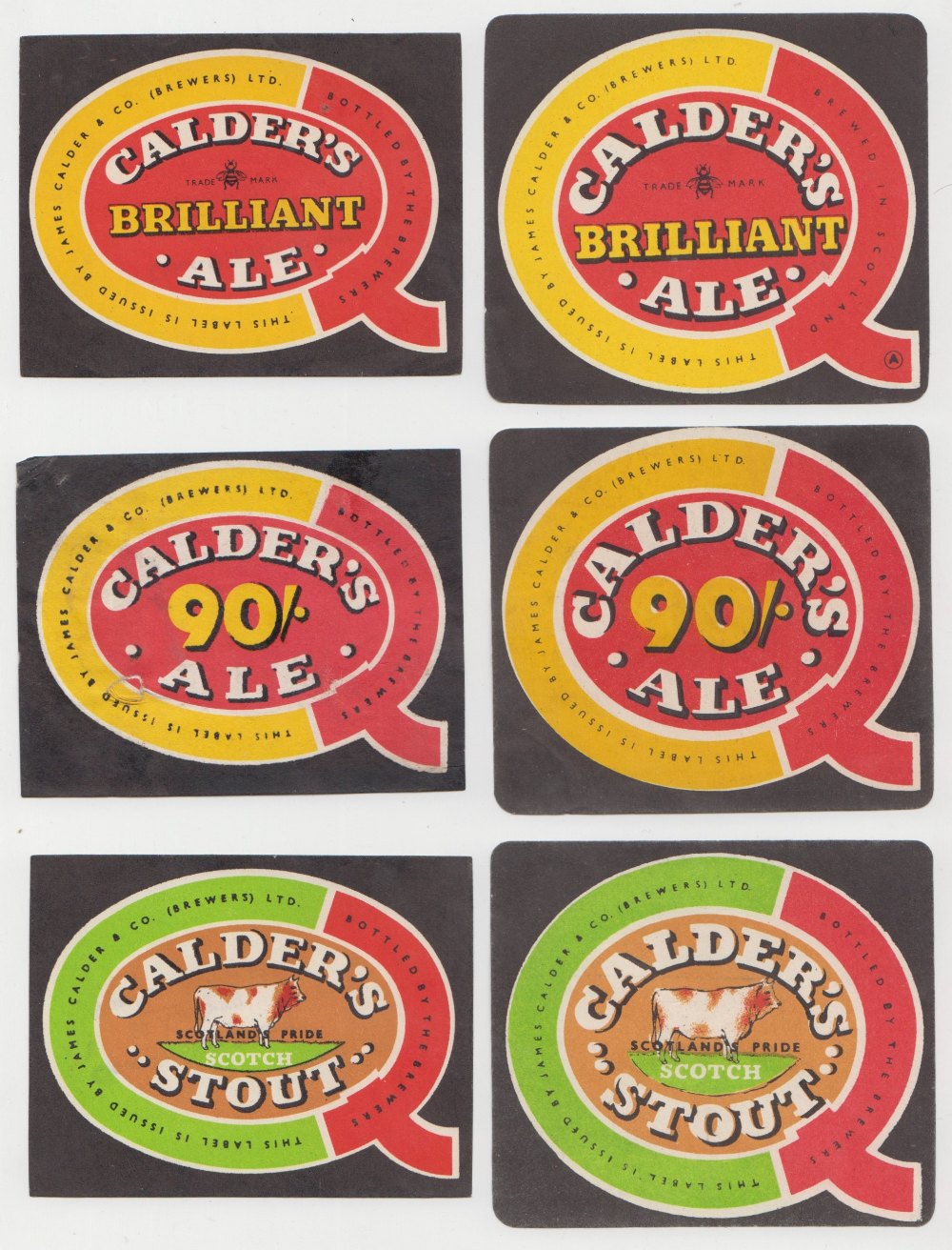 Beer labels, James Calder & Co (Brewers) Ltd, Scotland, a collection of 18 different horizontal