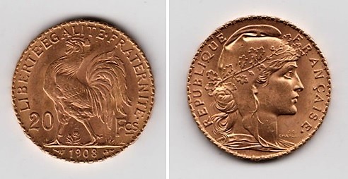 Coin, France, gold coin, 20 French Francs, Marianne Rooster, 1908, EF (1)