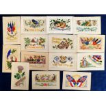Postcards, embroidered silks, a collection of 14 WW1 silks with better designs, inc. Flags, Thistle,